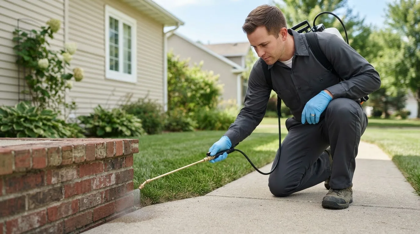 Pest control technician treating a home near Melvin, IL