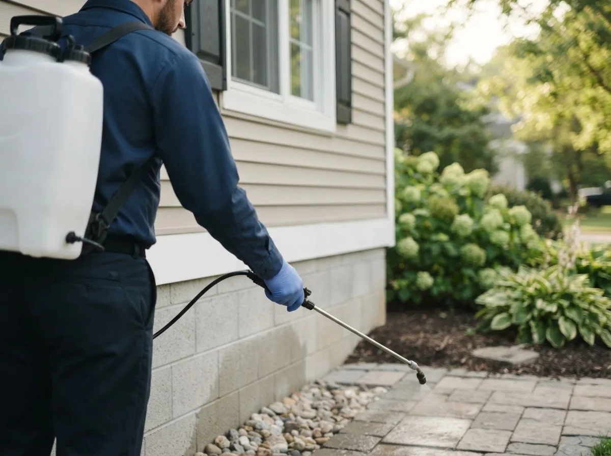 Pest control technician inspecting a home in Melvin, IL